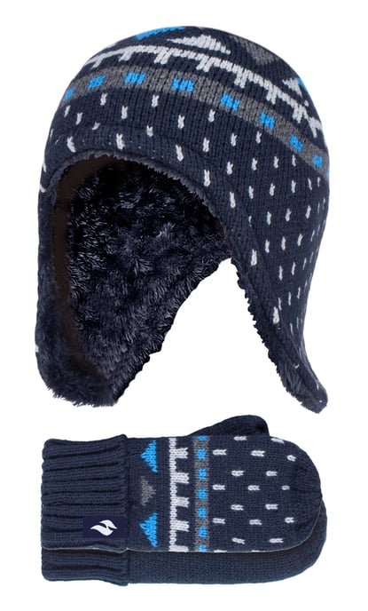 Heat Holders Jongens Nepbont Pom Pom Muts & Wanten - Marine - Image 1