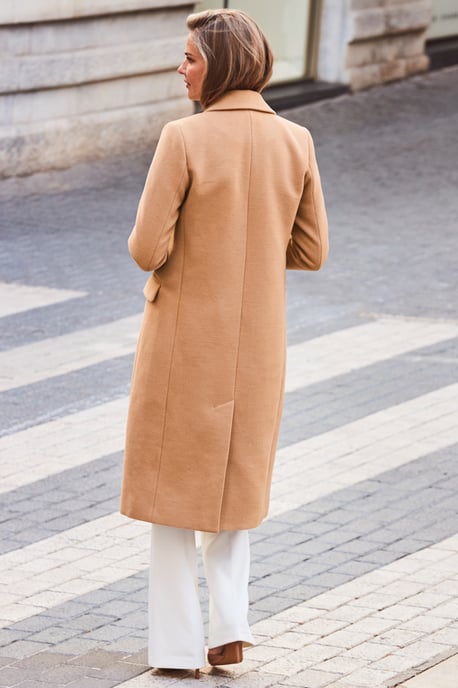 Camel Double Breasted Longline Coat With Gold Button Detail