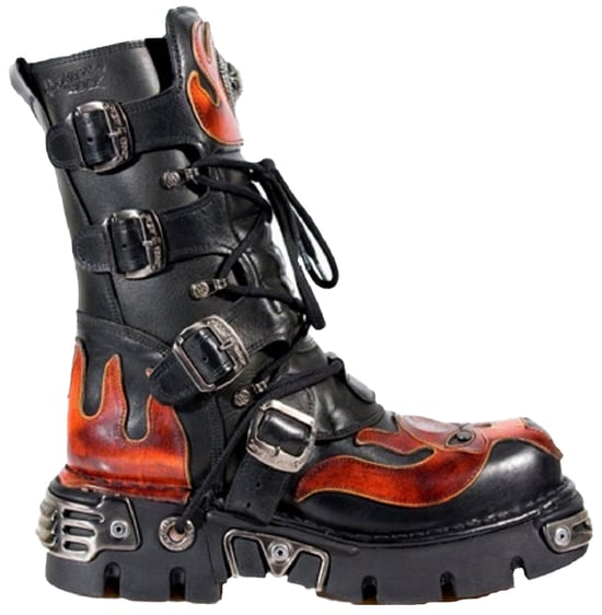 New Rock Flame Accented Black/Red Leather Biker Skull Boots- 107-S1