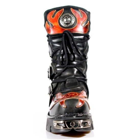 New Rock Flame Accented Black/Red Leather Biker Skull Boots- 107-S1
