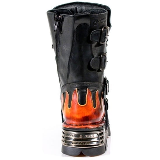 New Rock Flame Accented Black/Red Leather Biker Skull Boots- 107-S1
