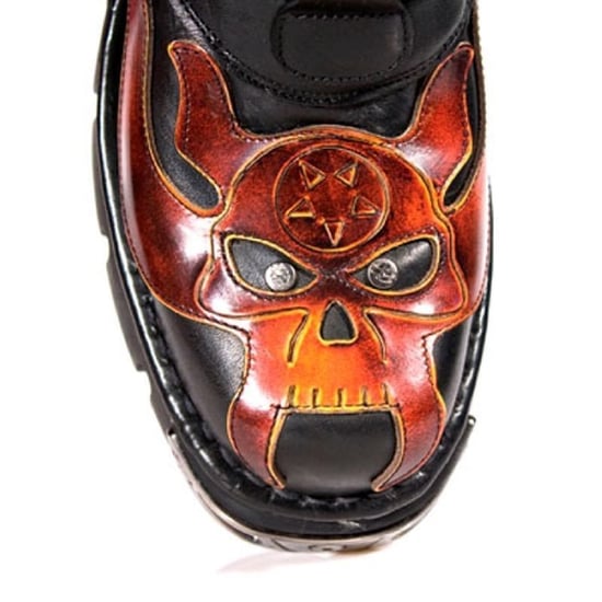 New Rock Flame Accented Black/Red Leather Biker Skull Boots- 107-S1