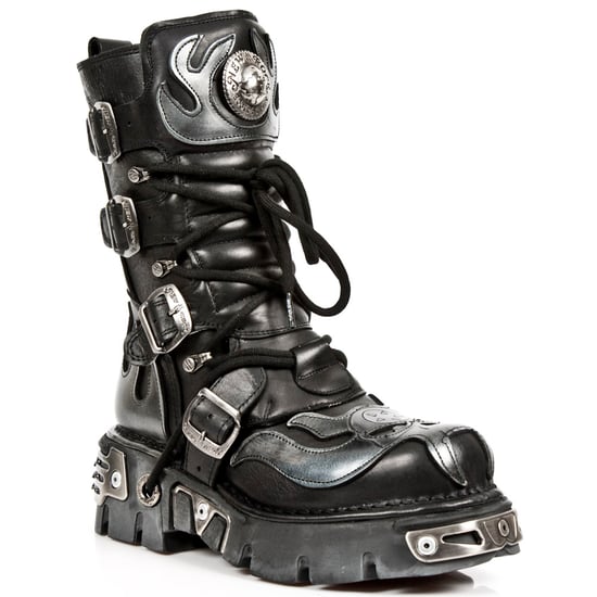 New Rock Flame Accented Black/Silver Leather Biker Boots- 107-S2
