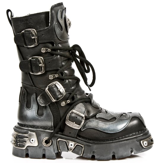 New Rock Flame Accented Black/Silver Leather Biker Boots- 107-S2