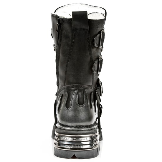 New Rock Flame Accented Black/Silver Leather Biker Boots- 107-S2