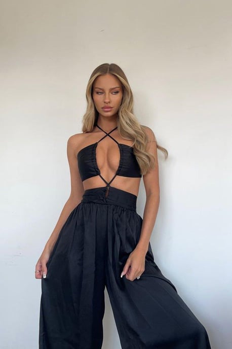 Textured Satin Strappy Cut Out Jumpsuit - Image 1