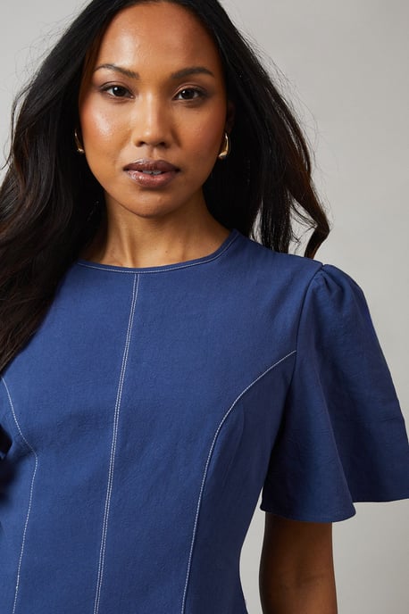 Royal Blue Seam Detail Inserted Pleat Detail Midi Dress - Image 2