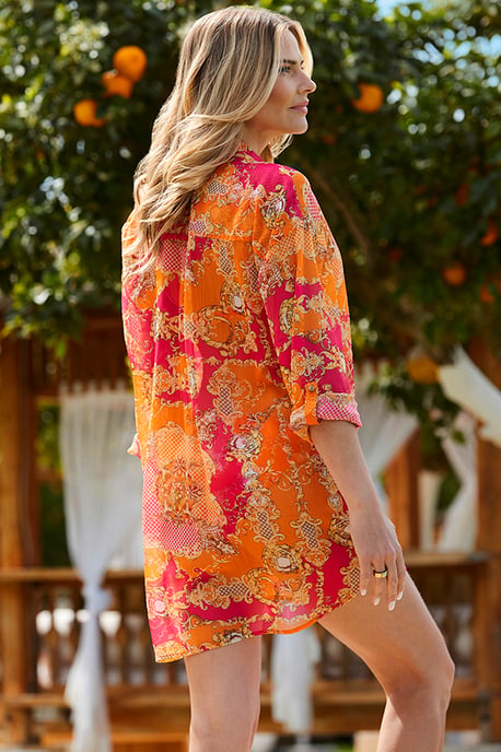 Pink & Orange Scarf Print Beach Shirt
