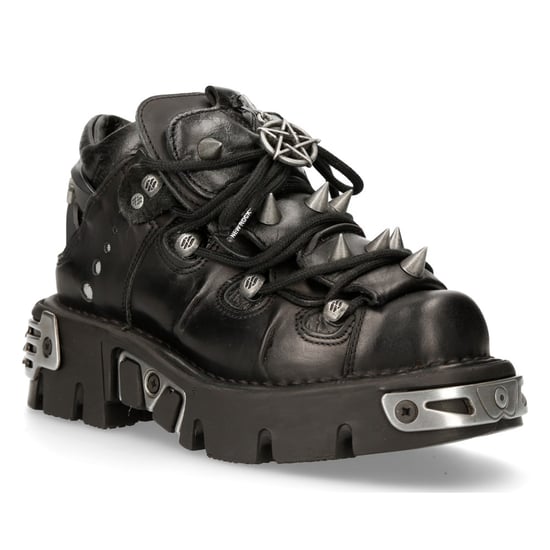 New Rock Black Leather Spiked Ankle Boots-110-S1