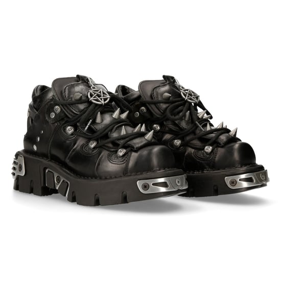 New Rock Black Leather Spiked Ankle Boots-110-S1