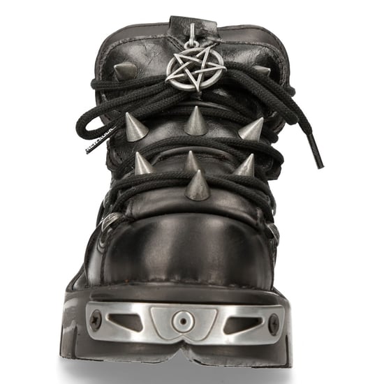 New Rock Black Leather Spiked Ankle Boots-110-S1