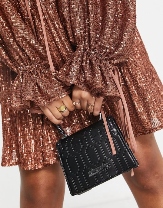 ASOS DESIGN embellished tiered mini dress with tie detail in gold sequin