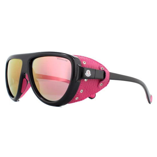 Moncler Aviator Unisex Shiny Black with Pink Leather Blue with Pink Mirror Sunglasses