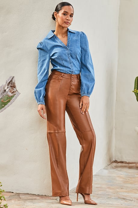 Tan Leather Button Front Wide Leg Trousers