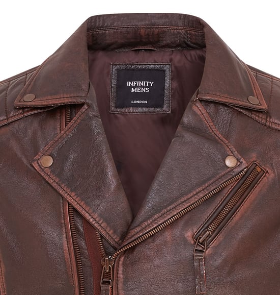 Mens Brown Brando Double Cross Zip Leather Biker Jacket- Fagernes