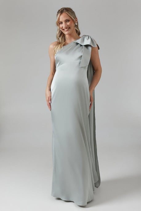 Maternity Bow And Drape Detail One Shoulder Satin Bridesmaids Dress - Image 1