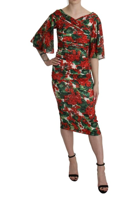 Dolce & Gabbana Dames Rode Bloemen Mouwloze Midi Zijde Stretch Jurk - Image 2