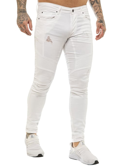 Enzo | Heren Skinny Stretch Biker Denim Jeans - Wit - Image 3