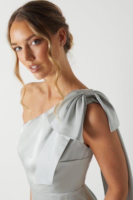 Bow And Drape Detail One Shoulder Satin Bridesmaids Dress - Image 5