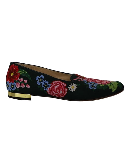 Charlotte Olympia Rozenhof Bloemig Geborduurde Instappers in Groene Stof - Image 1