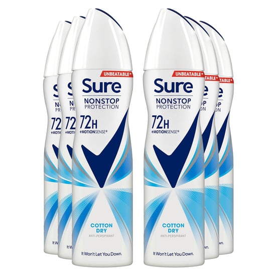 Sure Women Anti-Perspirant 72H Nonstop Protection Deo Cotton Dry 150ml, 6 Pack