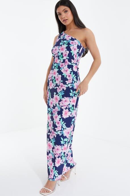 Navy Floral One Shoulder Maxi Dress