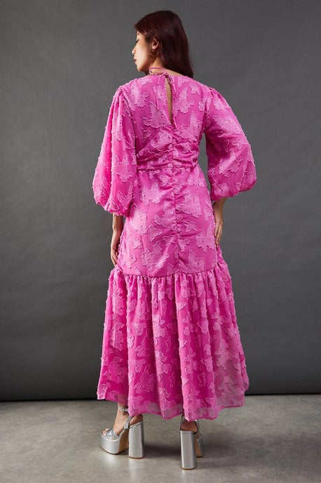 Burnout Chiffon Plunge Neck Ruched Bodice Peplum Midi Dress - Image 3