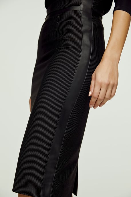 High Waisted Black Pencil Skirt with Leather Detail