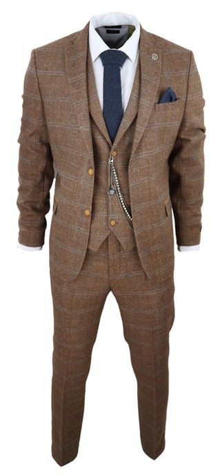 Heren 3-Piece Wollen Pak Eikenbruin Tweed Visgraat Ruit Peaky Blinders Gatsby - Image 2