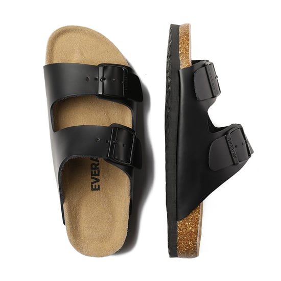 EVER AU Women Mallard Leather Twin Buckle Sandals - Black Leather