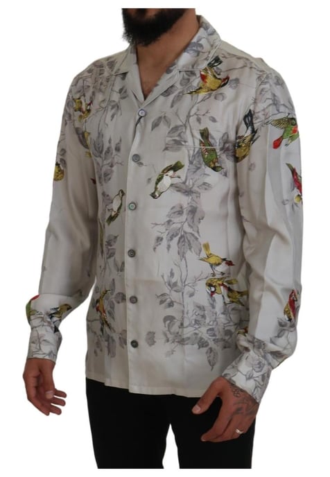 Dolce & Gabbana Heren Witte Vogelprint Zijde Satijnen Casual Overhemd - Image 5