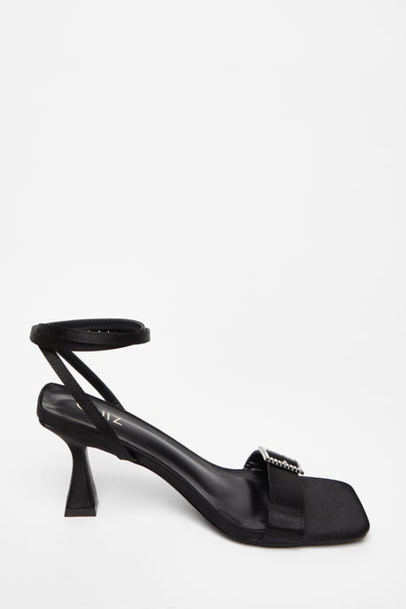 Black Satin Buckle Heels