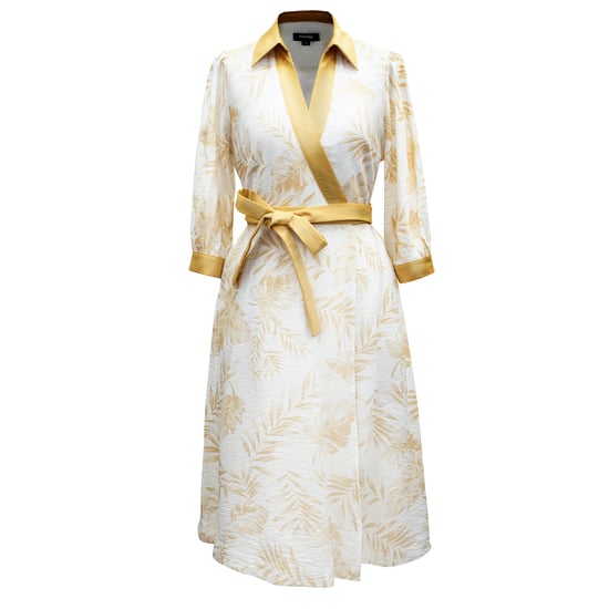 Bi-material wrap dress with tropical print