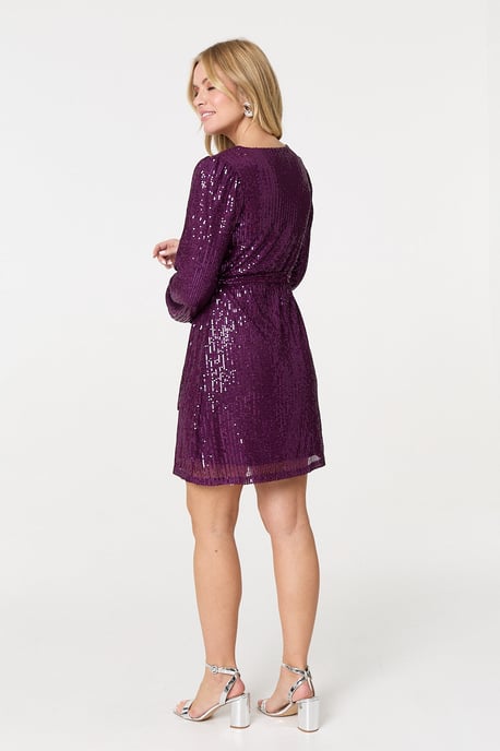 Purple Sparkly Sequin Long Sleeve Mini Wrap Dress