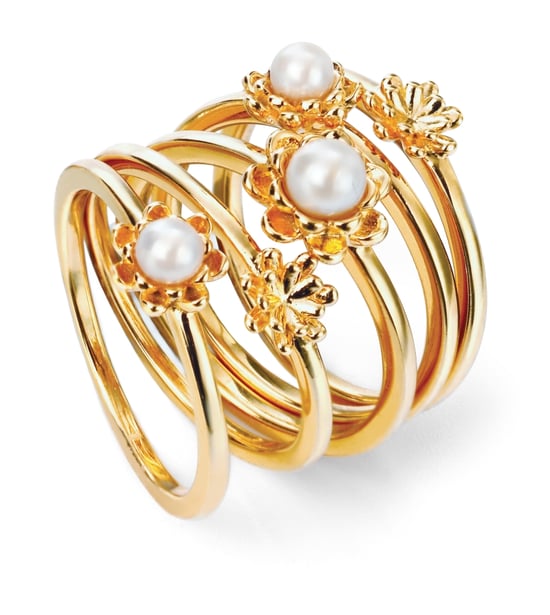 Elements Silver Womens 925 Sterling Silver Gold Plated Set of 5 Freshwater Pearl Flower Stacking Rings