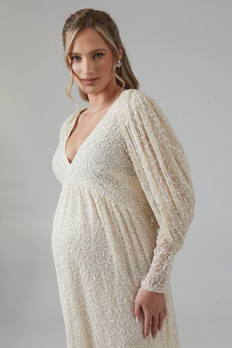 Maternity Cowl Back Long Sleeve Embellished Wedding Dress