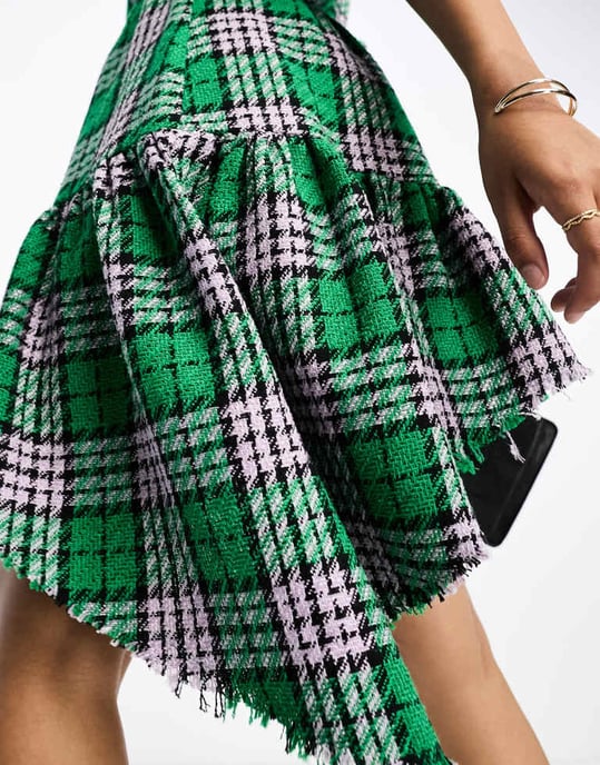 ASOS DESIGN boucle mini smock dress with frayed hem in green check-Multi
