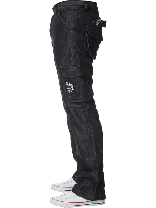 Enzo | Mens Cargo Combat Jeans - Black Wash