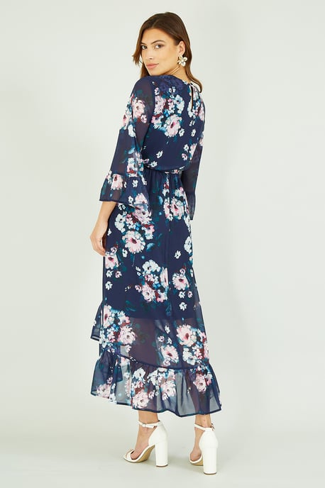 Navy Watercolour Floral Dip Hem Midi Dress