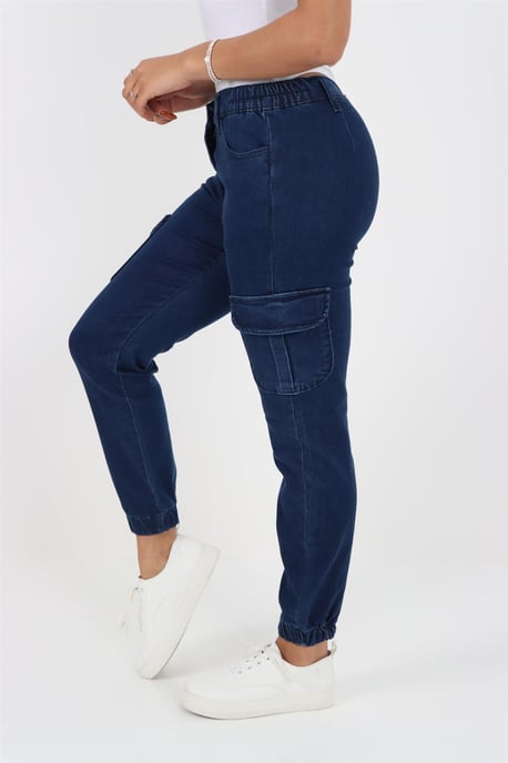Damesjeans met elastische taille en zelfboeien in donkere stonewash - Image 3