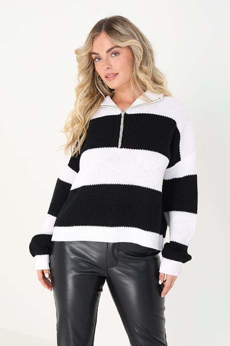 White 'Florence' Striped Knitted Jumper With Zip Neck