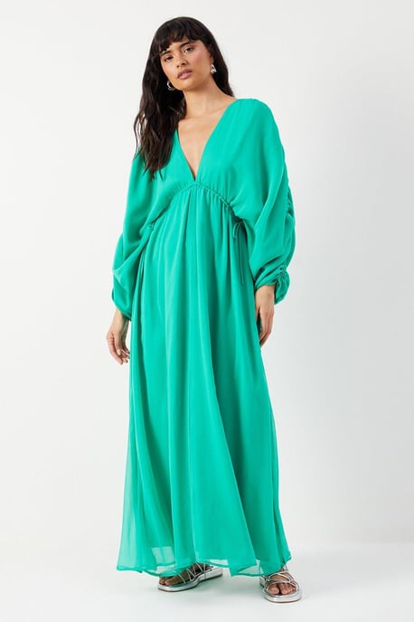 Chiffon Pleat Plunge Neck Batwing Midaxi Dress