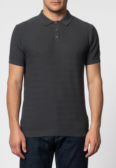 Clive Chevron Stitch Knit Polo With Ribbed Hem In Combat Green