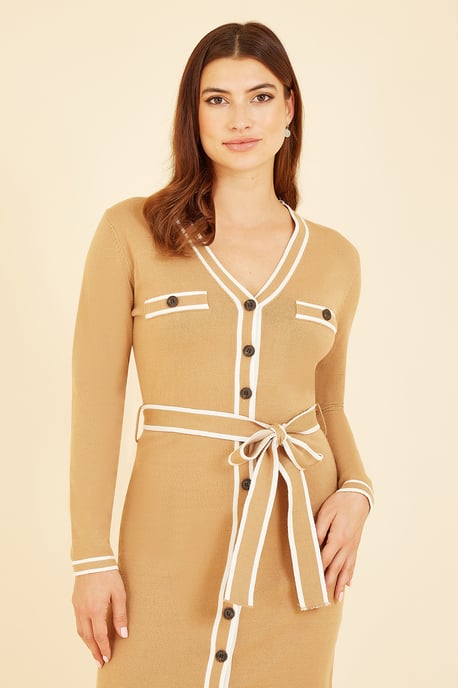 Camel Knitted Shirt Dress With Contrast Border