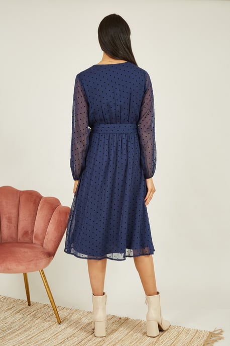 Navy Dobby Spot Long Sleeve Wrap Over Midi Dress