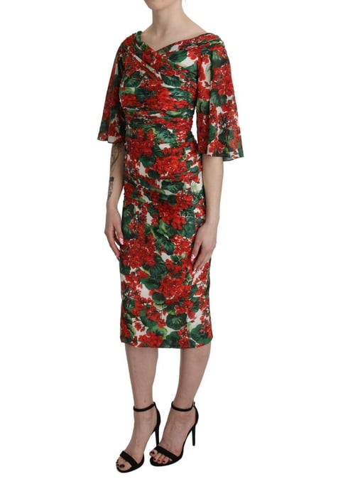 Dolce & Gabbana Dames Rode Bloemen Mouwloze Midi Zijde Stretch Jurk - Image 1