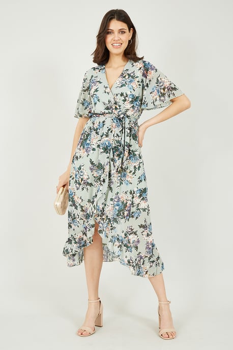 Mela Sage Green Floral Wrap Front Midi Dress