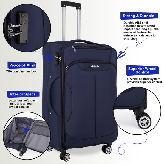 Blue Soft Shell Suitcase 8 Wheel Luggage Travel TSA Light Carry On Cabin Bag