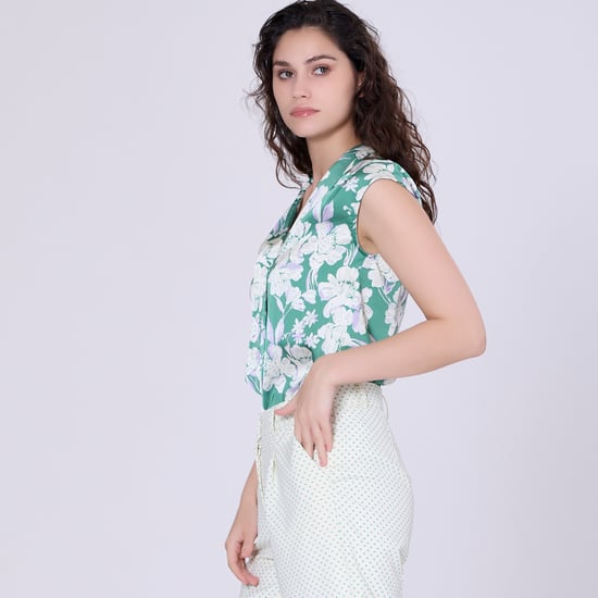 Mouwloze blouse met brede platte kraag en macro bloem afdrukken - Image 2
