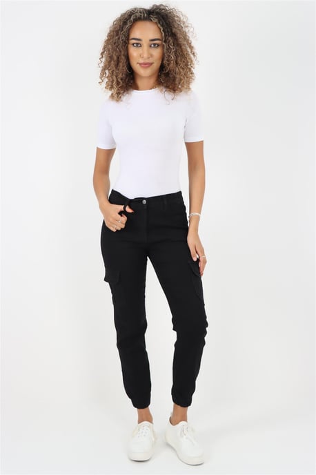 Damesjeans met elastische taille en zelfboeien in zwart - Image 6